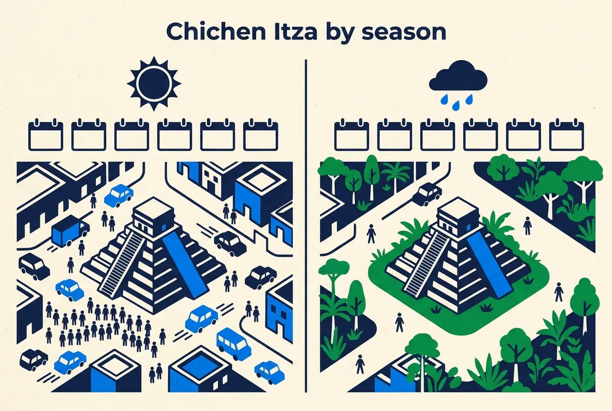 Simple infographic comparing Chichen Itza by season, dry season months on one side with a sun icon and rainy season months on the other with a cloud icon, each labeled with relative crowd level