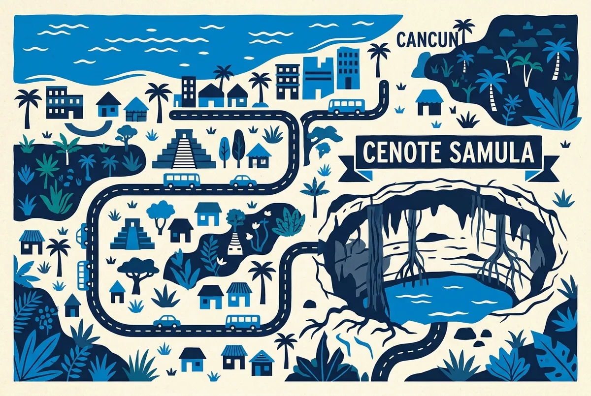 illustrated map of Cancun highlights for Cenote Samula (Saamal): The Cave Cenote Near Valladolid, cenote saamal