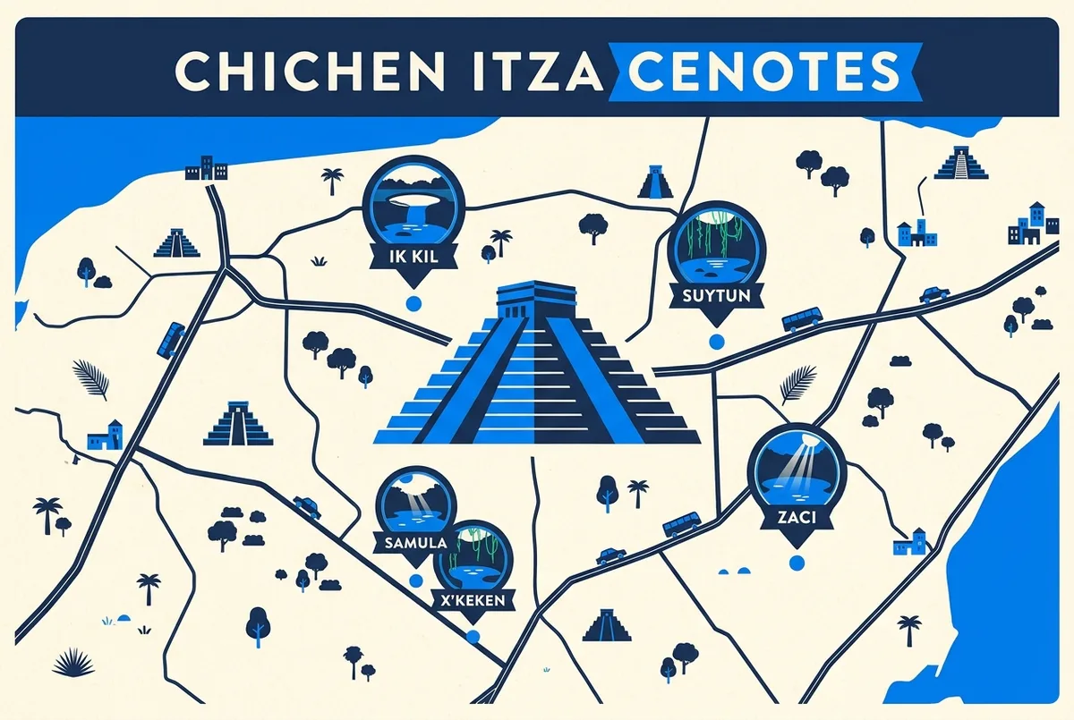 Simple map style graphic showing Chichen Itza at the center with marker pins for Ik Kil, Suytun, Samula, X'Keken and Zaci cenotes at their approximate distances