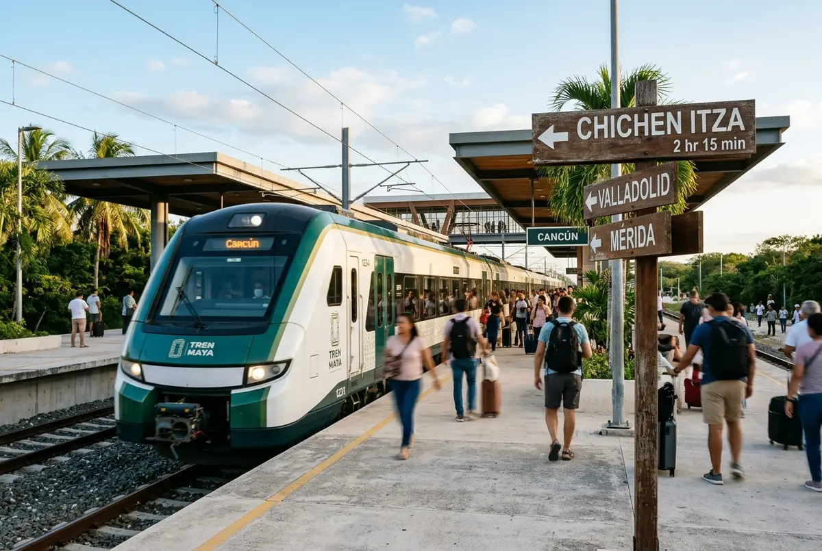Modern Tren Maya train arriving at a station platform in the Yucatan with a sign pointing toward Chichen Itza