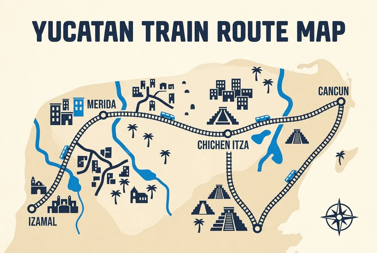 Simplified Yucatan rail map showing the Tren Maya line connecting Cancun, the Chichen Itza station, Merida and Izamal