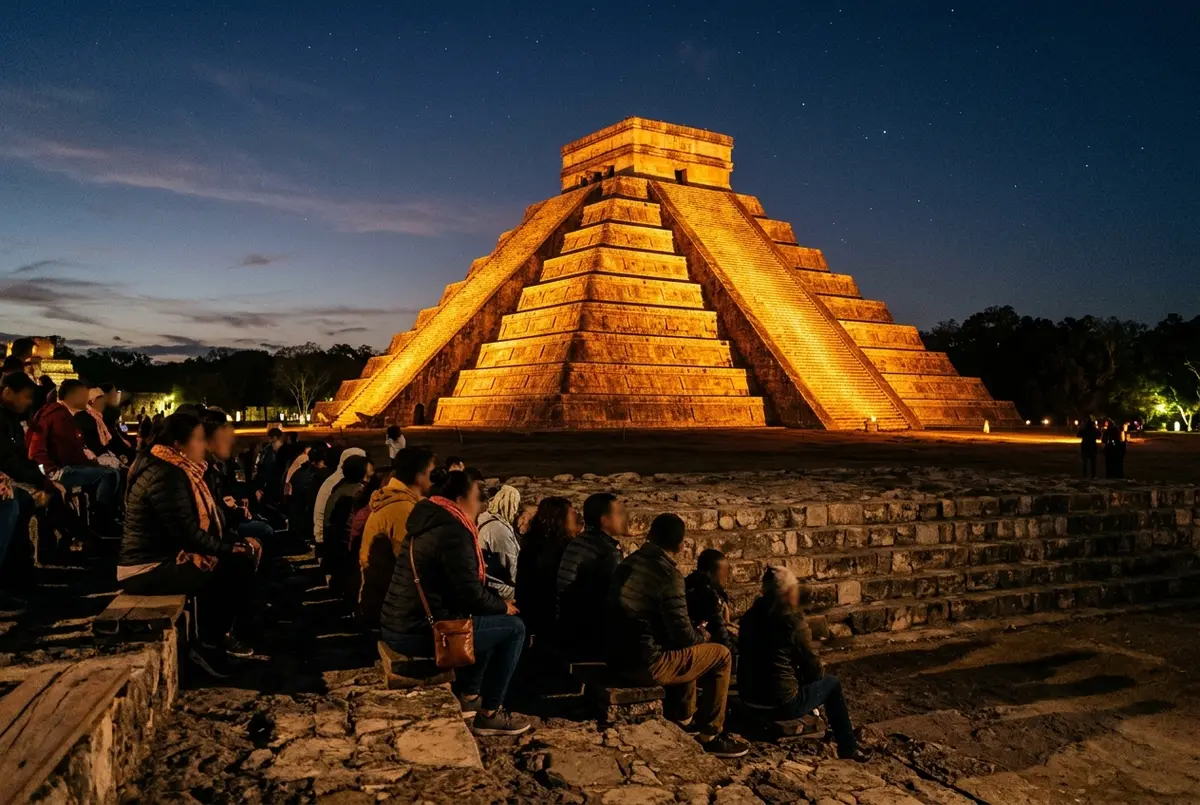 Pirámide de Kukulcán en Chichén Itzá iluminada al atardecer con luz dorada, ilustrando la pregunta sobre visitar el sitio de noche