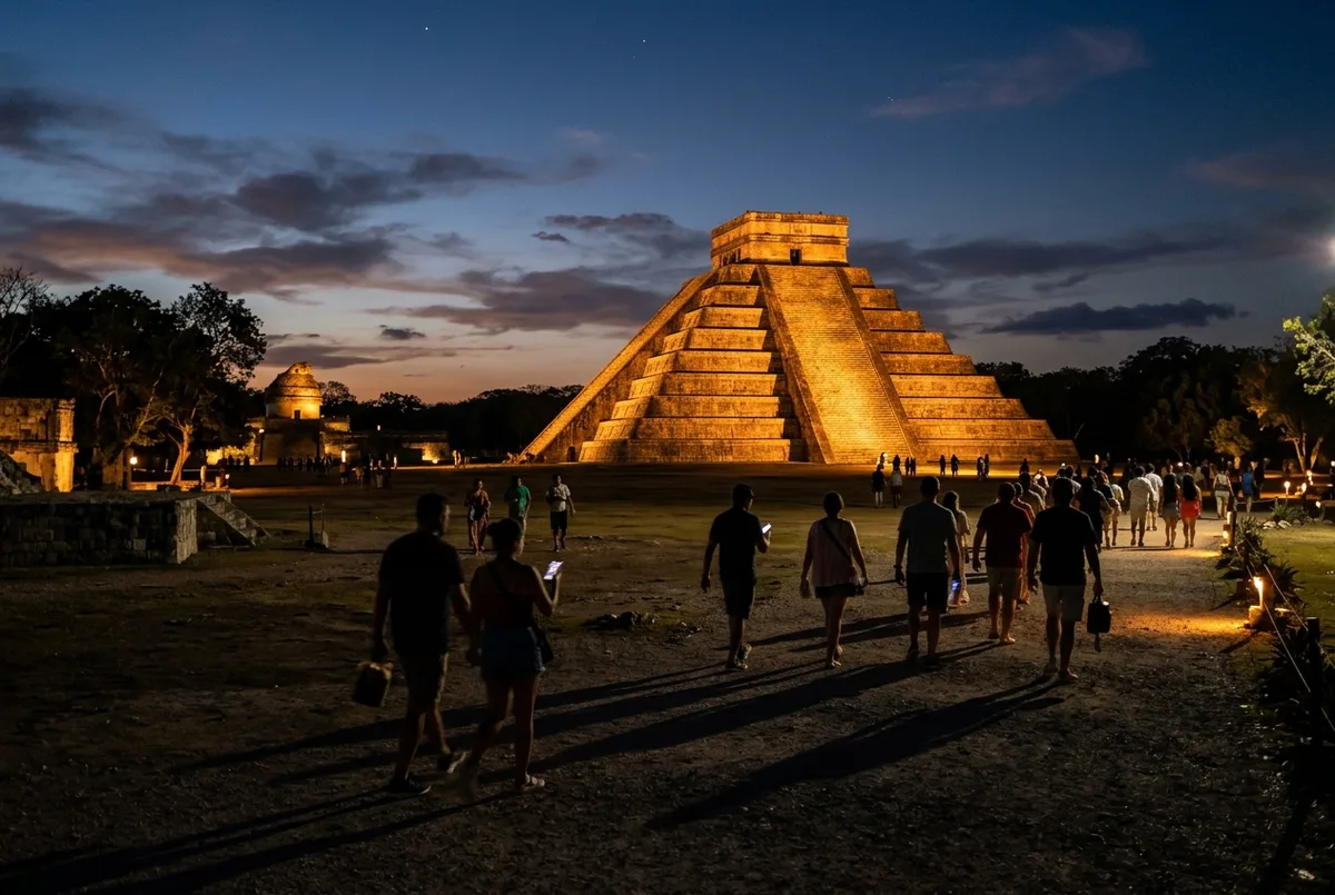 Pirámide de Kukulcán en Chichén Itzá al atardecer con tonos dorados y anaranjados sobre la escalinata, ilustrando la luz natural del sitio antes del anochecer