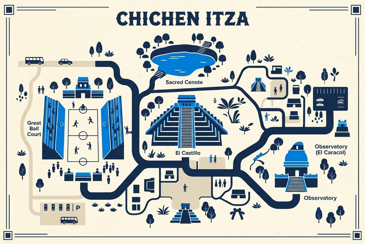 Simple labeled map style illustration of the Chichen Itza site layout showing El Castillo, the Sacred Cenote, the Great Ball Court and the Observatory as connected points along a central path