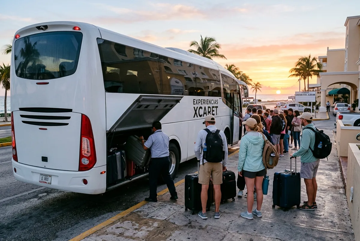 Cancun hotel zone tour bus pickup at sunrise with luggage being loaded for the drive to Chichen Itza
