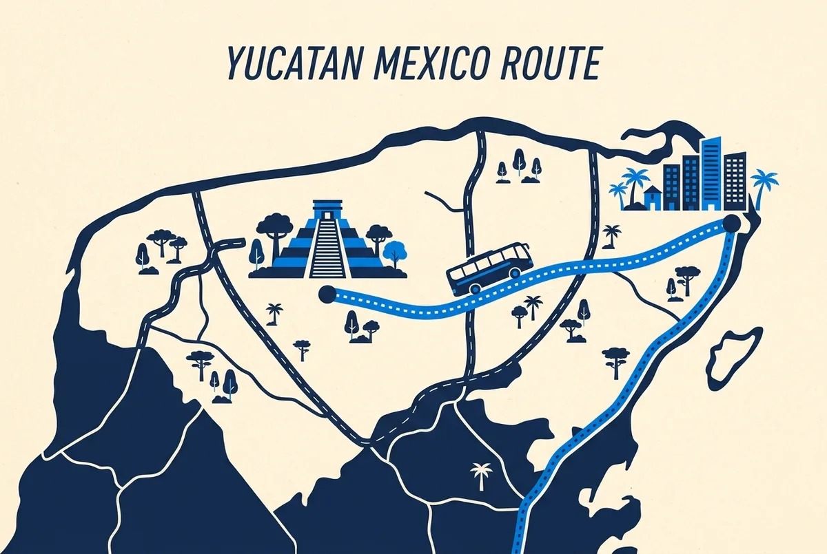 Infographic showing the Cancun to Chichen Itza route on a simplified Yucatan map with the drive time and a tour bus icon