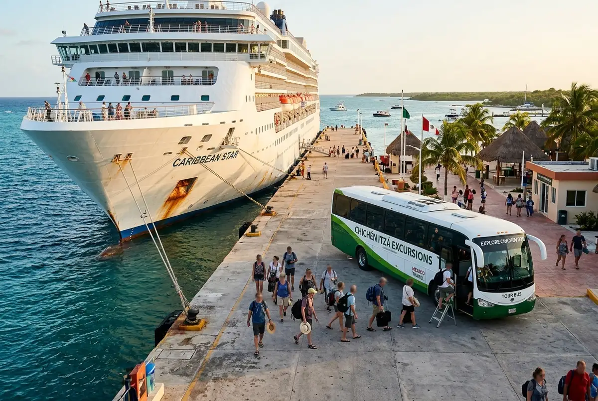 Cruise ship docked at a Mexican Caribbean port with a tour bus waiting on the pier for a Chichen Itza excursion