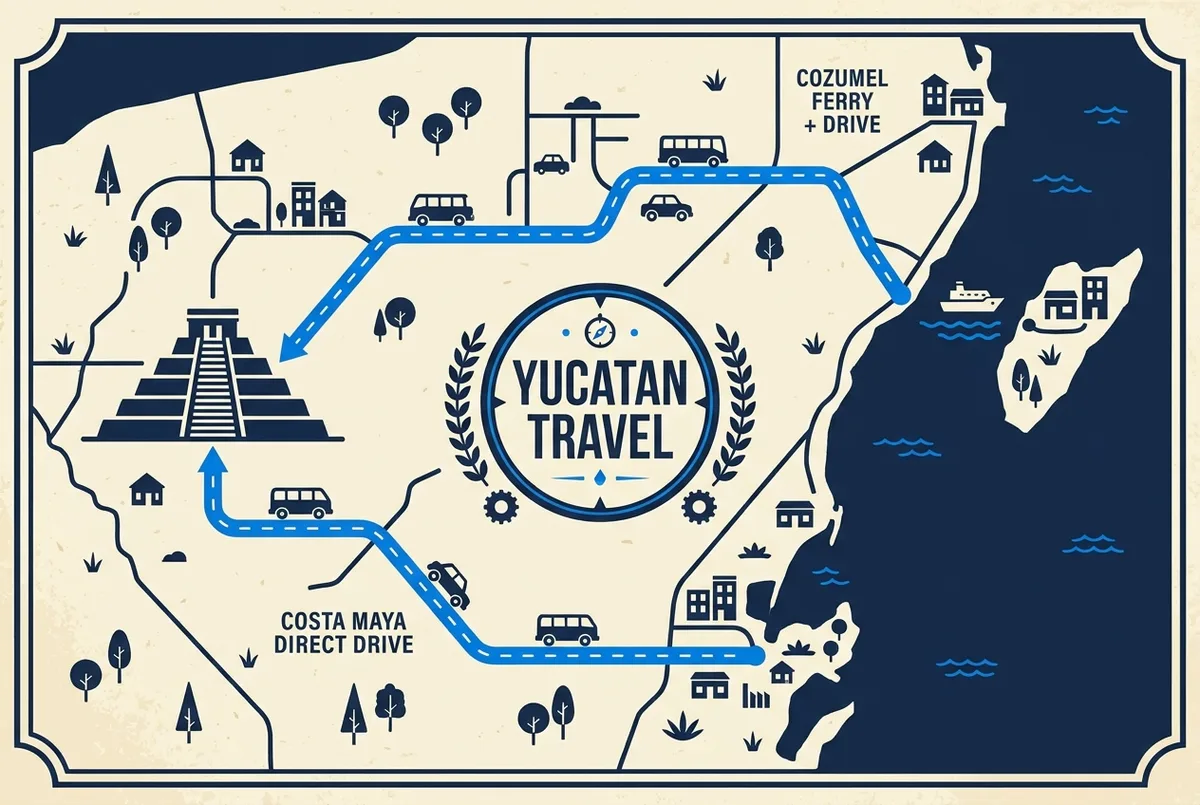 Infographic comparing the Cozumel ferry-plus-drive route against the Costa Maya direct drive route to Chichen Itza on a simplified map