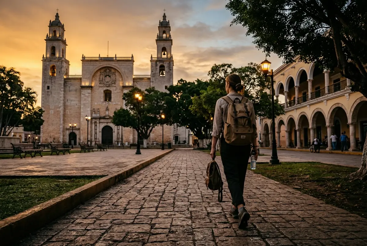 Traveler walking through a colonial Merida plaza at dawn before a day trip to Chichen Itza