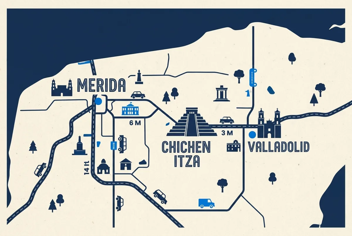 Simplified Yucatan map showing Chichen Itza positioned between Merida and Valladolid with the shorter inland drive times marked