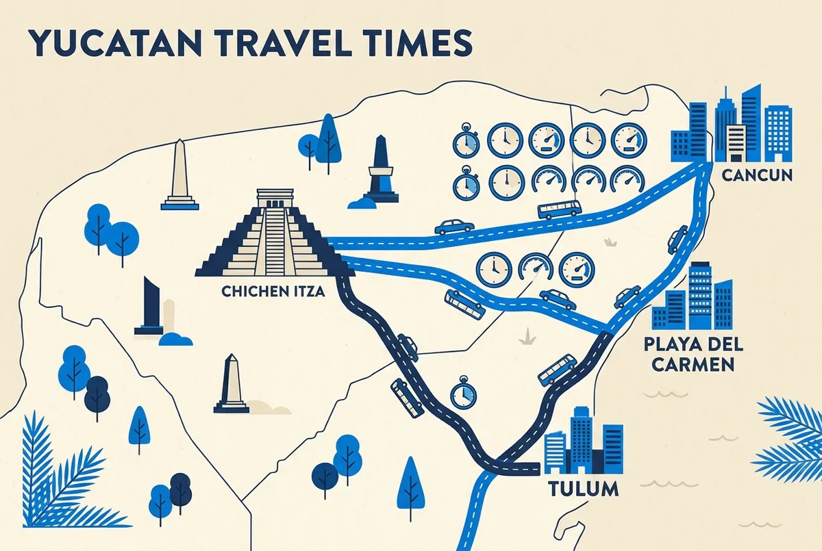 Comparison infographic showing drive time to Chichen Itza from Tulum against Playa del Carmen and Cancun on a simplified Yucatan map