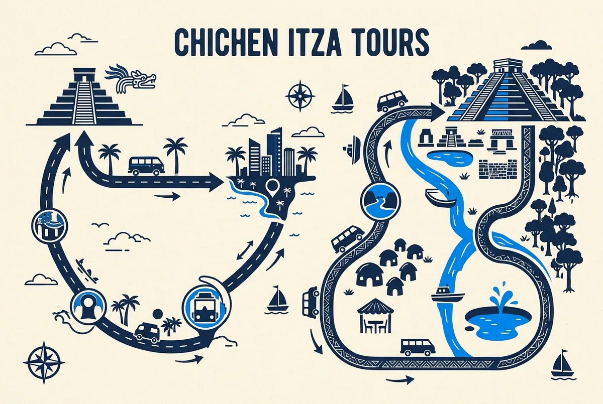 illustrated map of Cancun highlights for Half-Day vs Full-Day Chichen Itza Tours: Which to Book, chichen itza half day tour