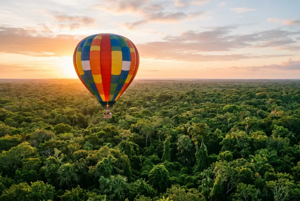 Colorful hot air balloon drifting over the flat green Yucatan jungle canopy at dawn, far from any pyramid structure, showing a realistic chichen itza hot air balloon expectation