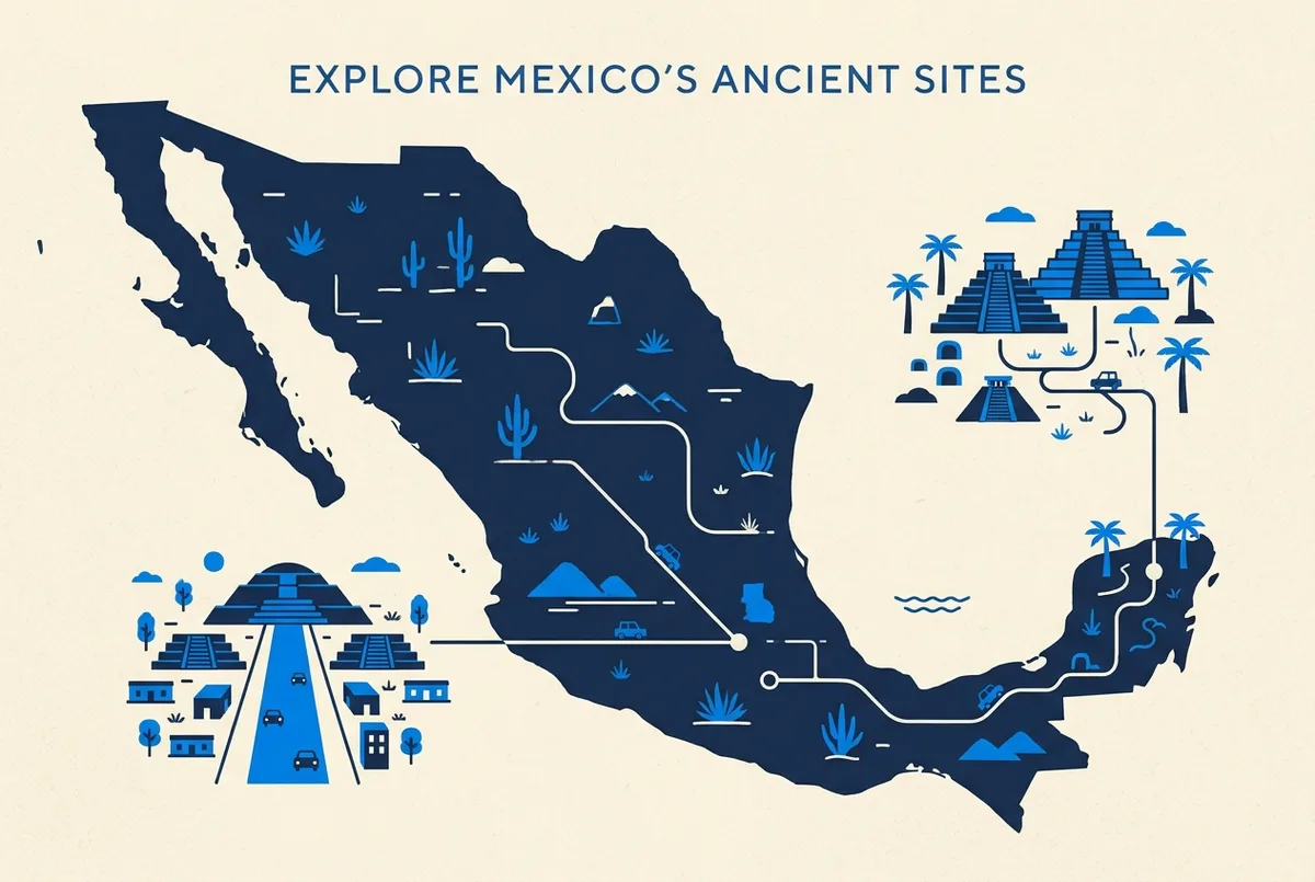 Simple map showing Chichen Itza in the Yucatan and Teotihuacan near Mexico City as two separate, distant locations on a stylized outline of Mexico