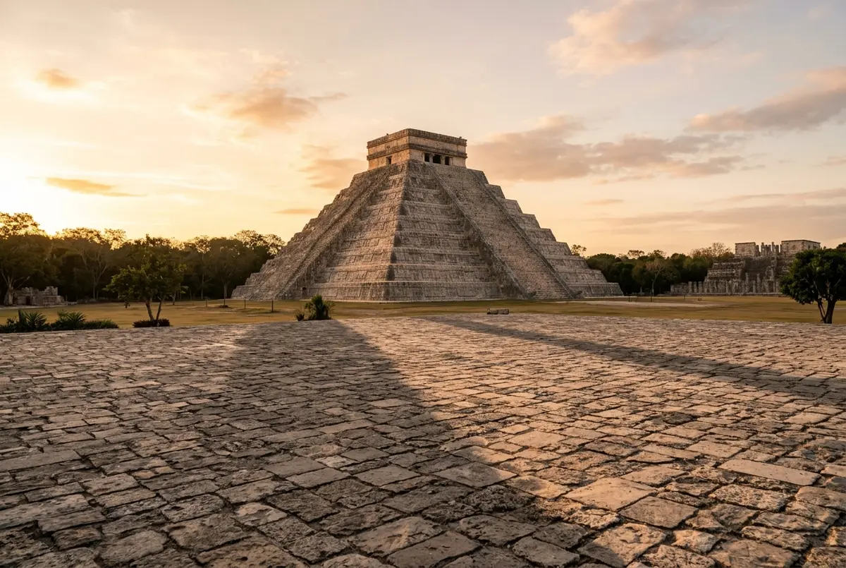 Empty stone plaza in front of El Castillo pyramid at Chichen Itza just after sunrise with long shadows and soft golden light, no crowds yet