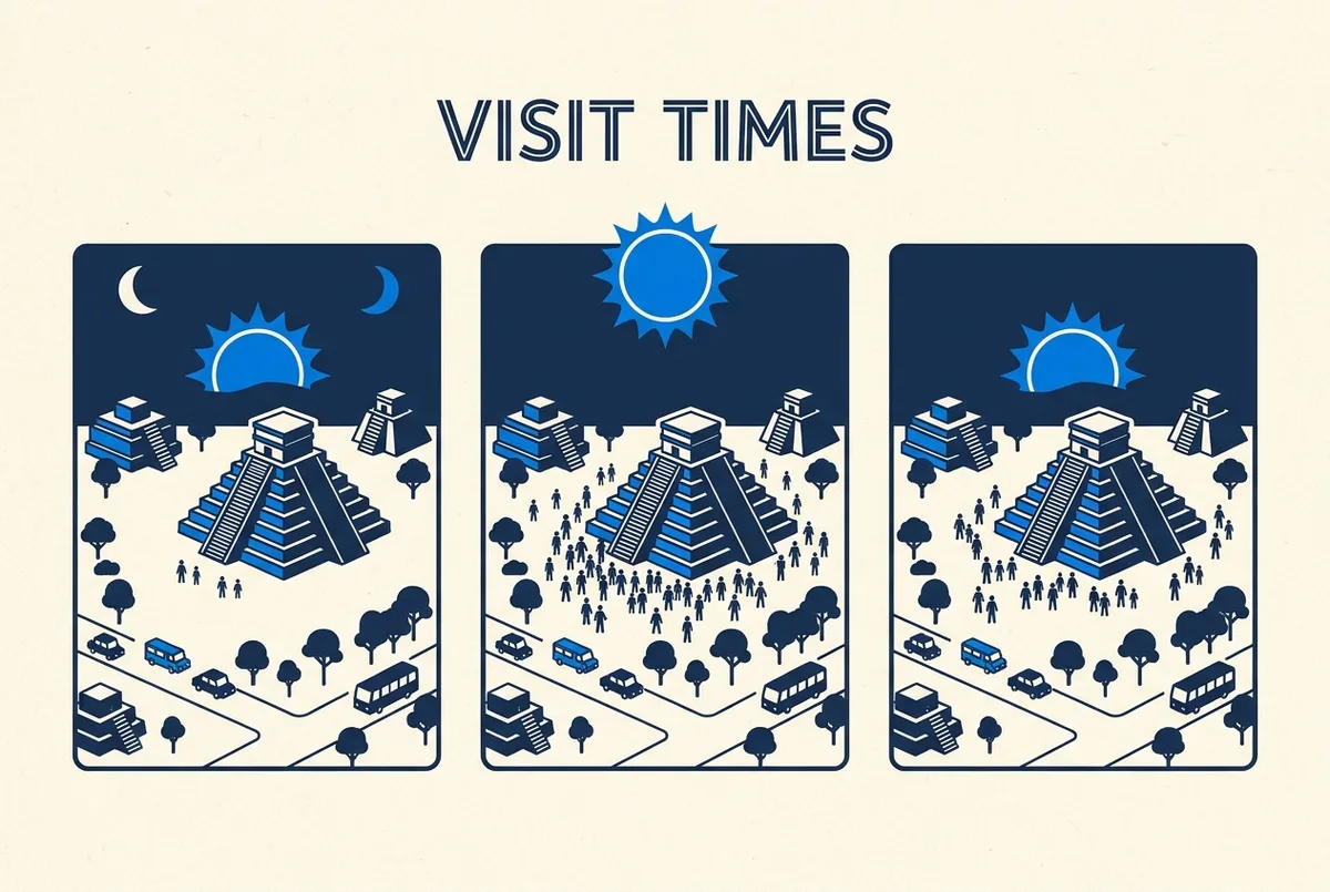 Simple comparison graphic showing a sun icon over three time blocks, early morning, midday and late afternoon, labeled with relative crowd levels at Chichen Itza