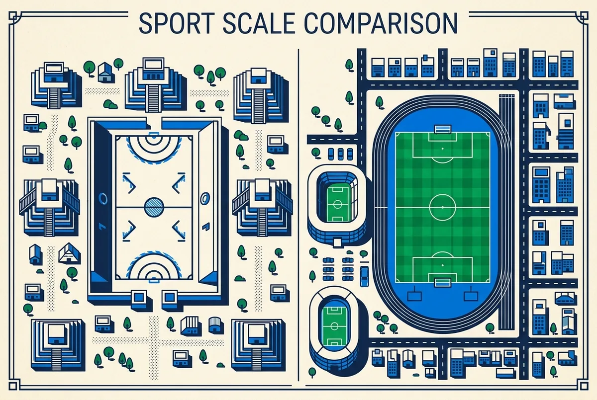 Simple side-by-side infographic comparing the scale of the Great Ball Court to a modern soccer field, labeled for size context