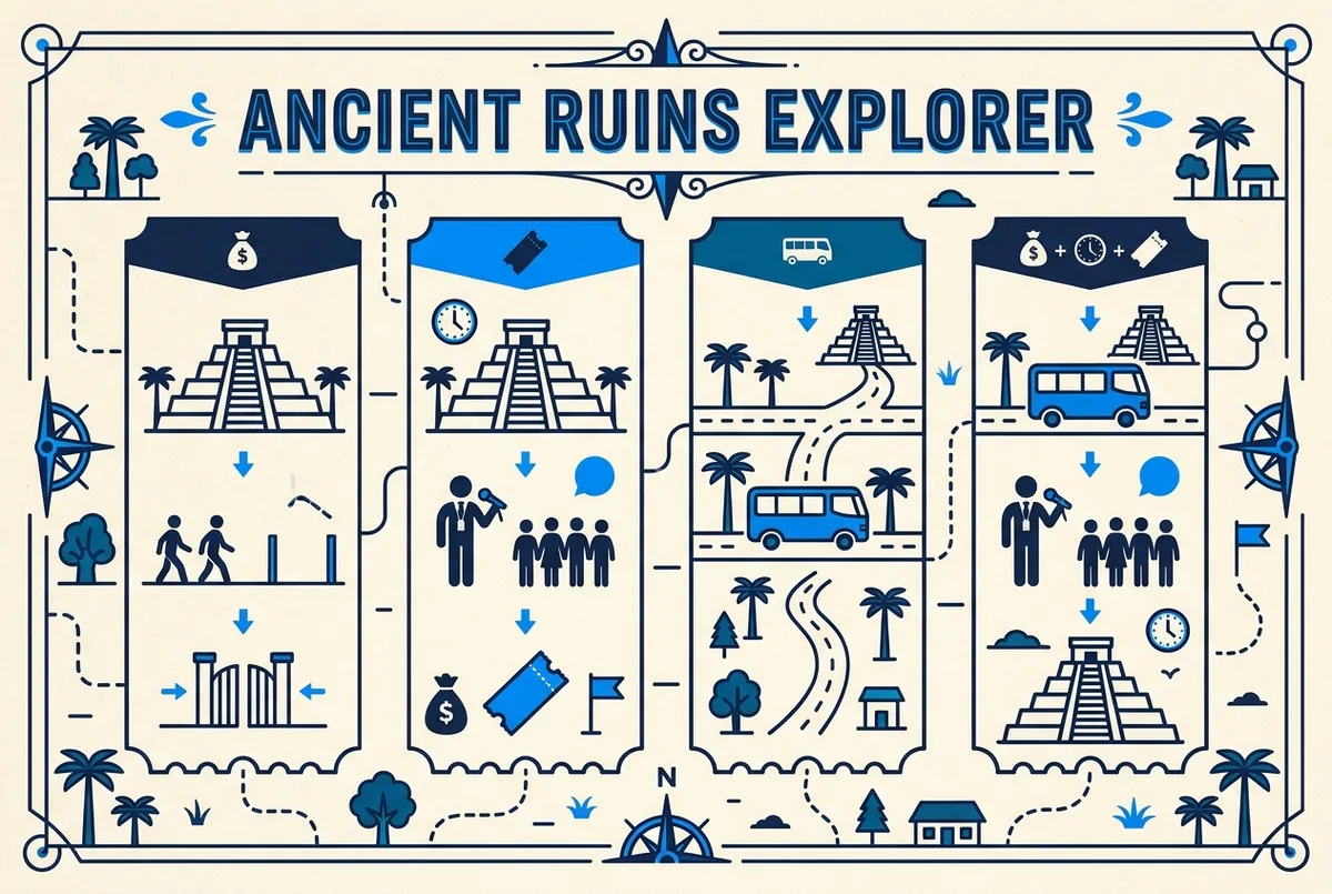 Infographic comparing four Chichen Itza ticket tiers by price, guide and transport inclusion against a flat cream background