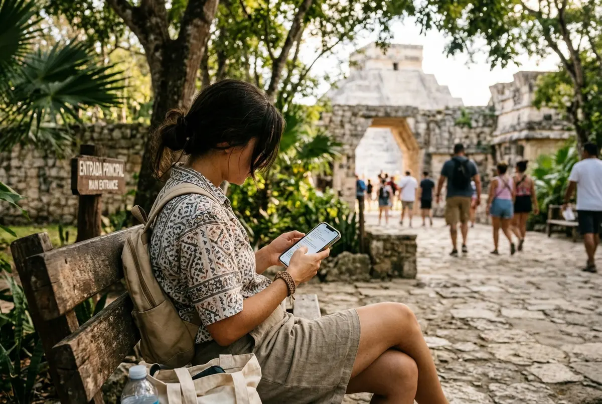 Traveler scrolling through chichen itza tour reviews on a phone while sitting on a shaded bench near the ruins entrance