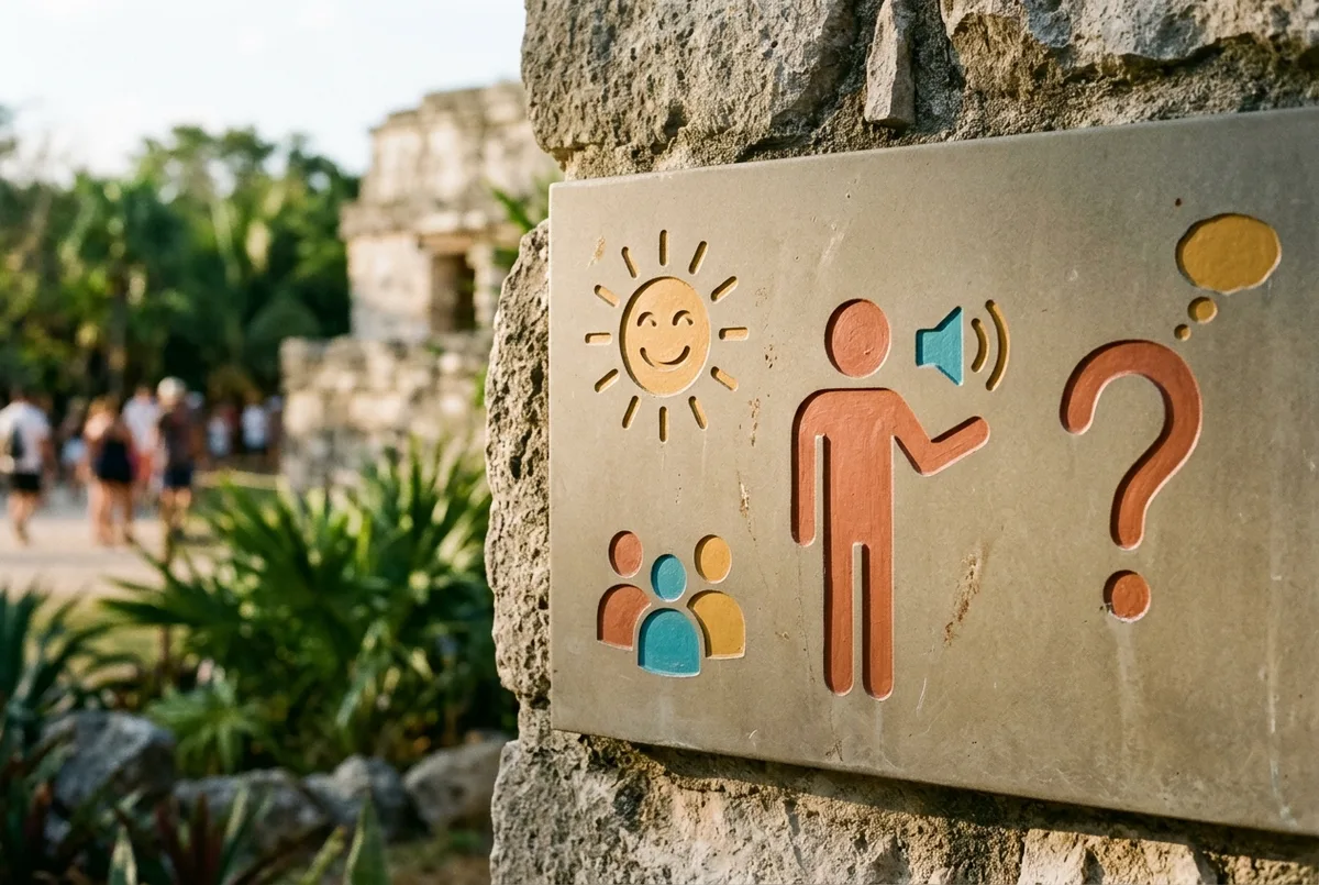 Simple icon based graphic showing a guide figure, a sun, a group of people and a question mark, representing the main themes travelers mention in chichen itza tour reviews
