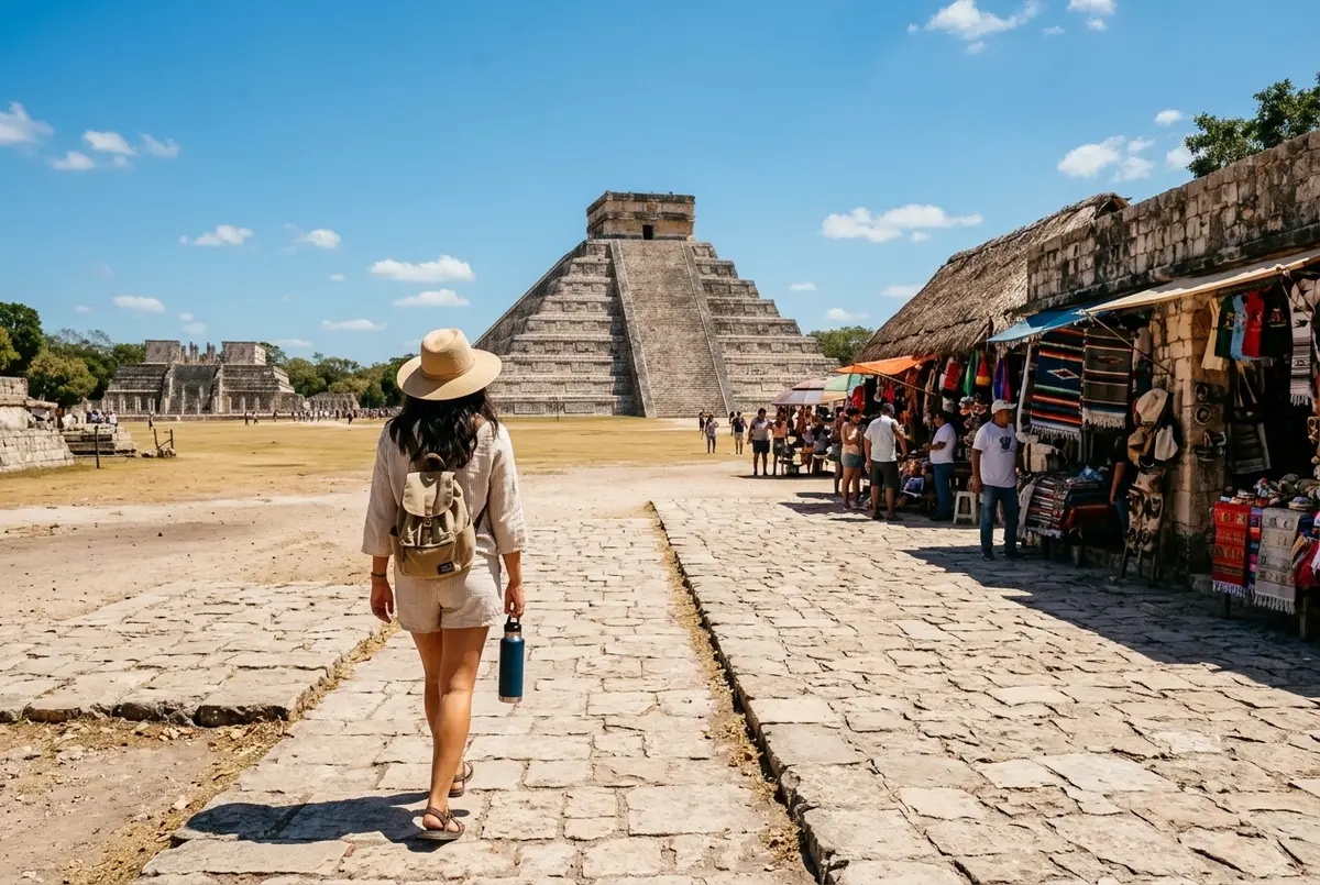Traveler wearing a wide-brim hat and carrying a water bottle walking the open stone plaza at Chichen Itza under intense midday sun with vendor stalls lining the path