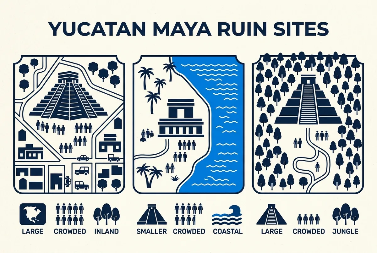 Flat travel infographic comparing three Yucatan Maya ruin sites, Chichen Itza, Tulum and Coba, using generic icons for size, crowd level and coastal versus inland setting