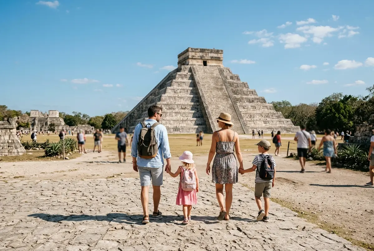 Family with two young children walking together across the open plaza at Chichen Itza with El Castillo pyramid in the background under bright daylight
