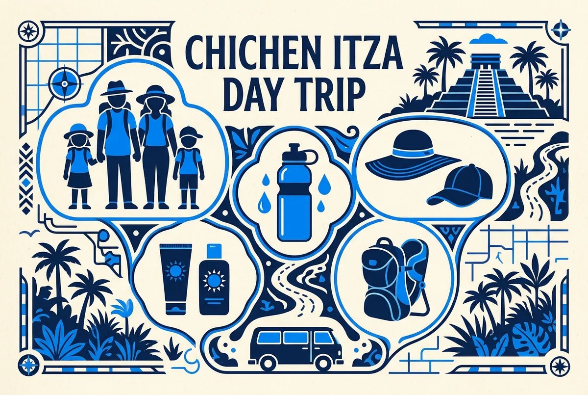 Simple infographic showing a family packing checklist for a Chichen Itza day trip, generic icons for water, hats, sunscreen and a carrier, flat travel-graphic style