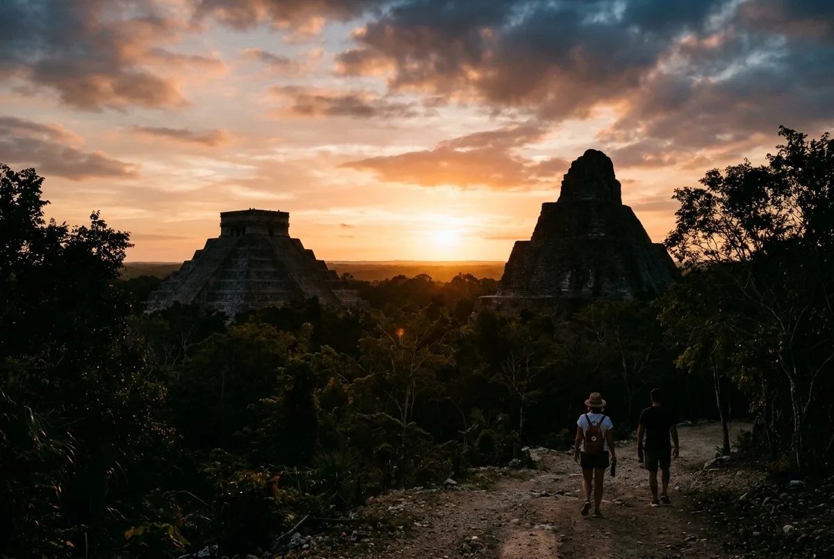 Two Maya pyramid silhouettes side by side at golden hour, representing a combined chichen itza and coba tour itinerary across two ruin sites