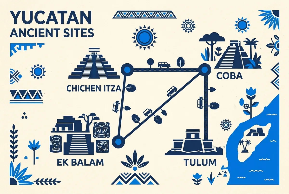 Simple route map showing Chichen Itza, Coba, Ek Balam and Tulum as connected points with approximate driving distances between them