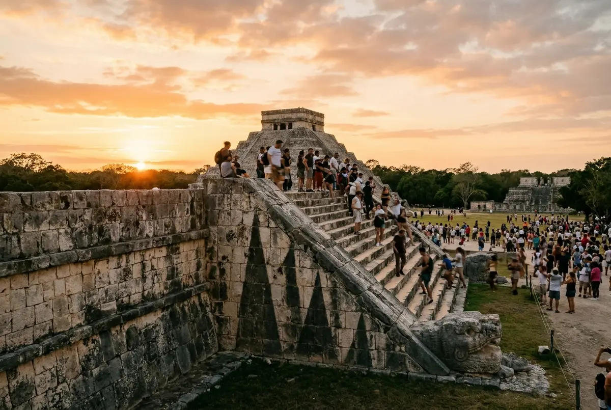 Triangular shadows forming a serpent pattern down the northwest staircase balustrade of El Castillo pyramid at Chichen Itza during the equinox sunset