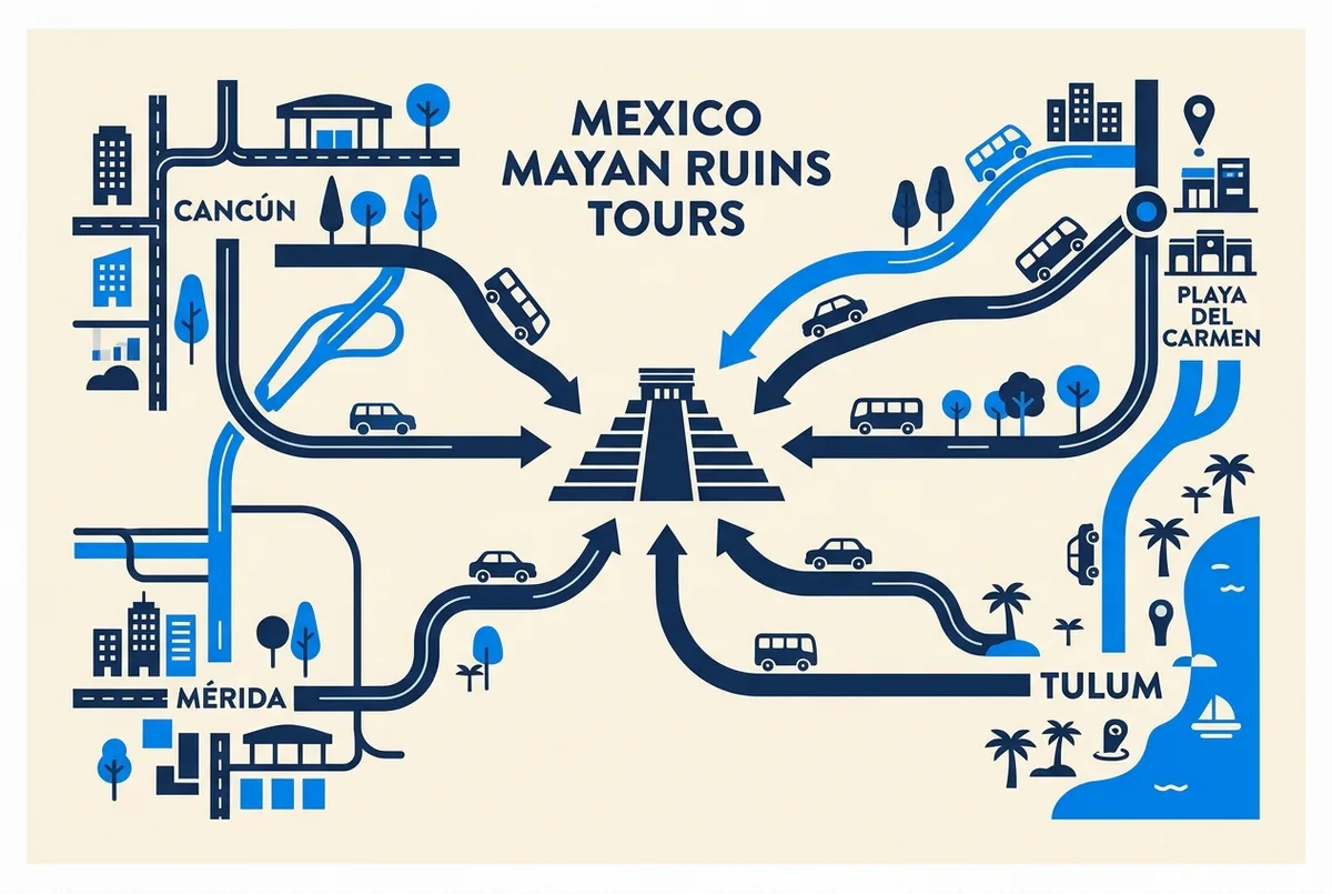 Map style illustration showing chichen itza tours departure routes from Cancun, Playa del Carmen, Tulum and Merida