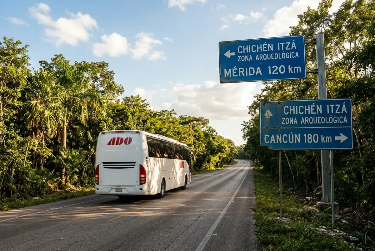 Tour bus driving along a tree lined Yucatan highway toward Chichen Itza with a road sign pointing to the ruins