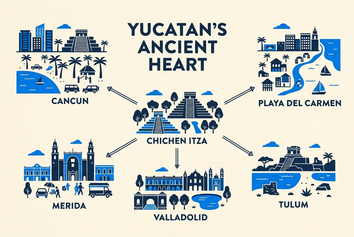 Simple map style graphic showing Chichen Itza at the center with distance lines radiating out to Cancun, Playa del Carmen, Tulum, Merida and Valladolid