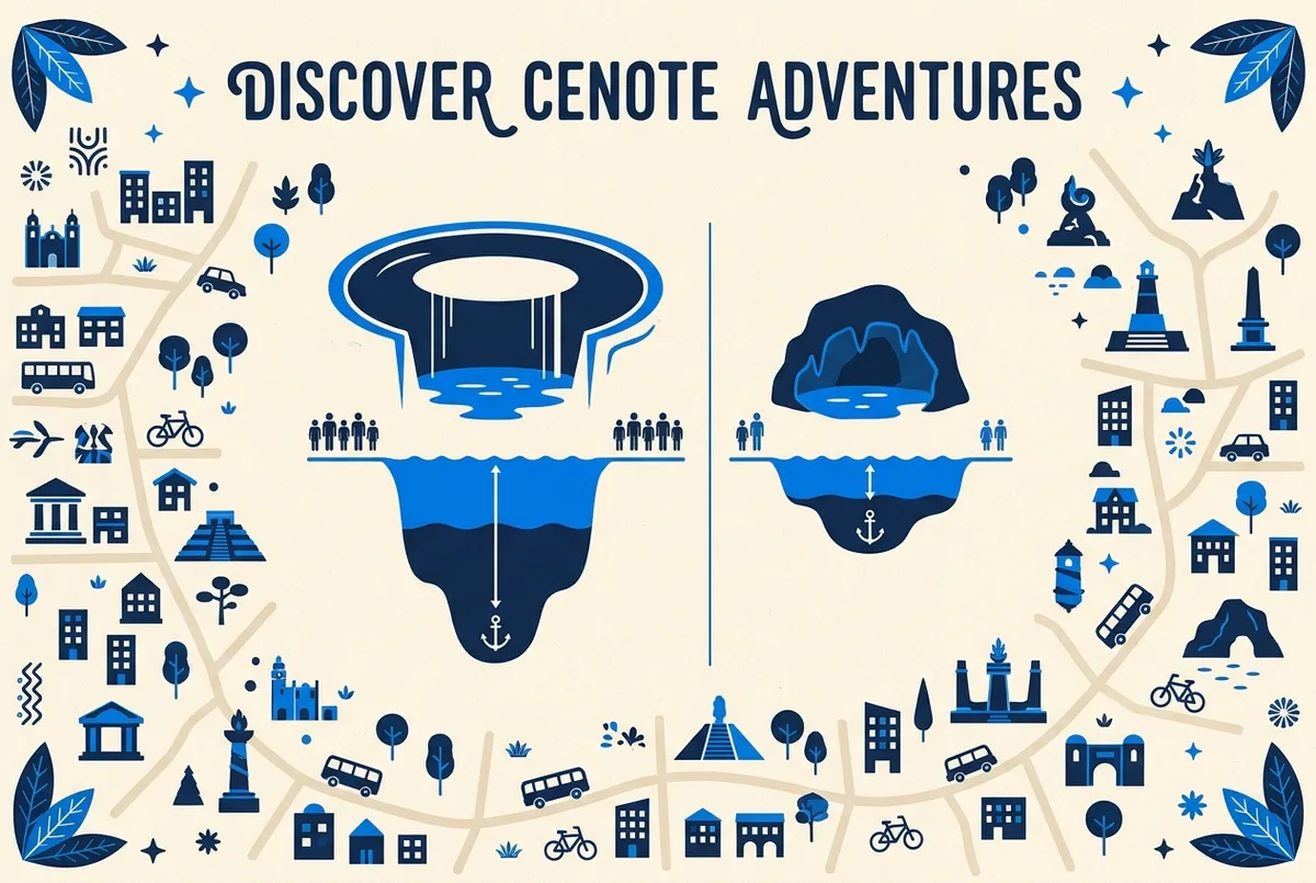 Simple comparison graphic showing Ik Kil's open circular opening above the water next to a smaller cave shaped cenote icon, labeled crowd level and depth
