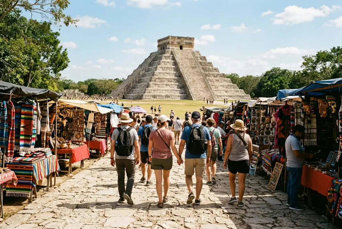 Tourists walking a sunbaked stone path lined with souvenir vendor stalls toward El Castillo pyramid at Chichen Itza at midday