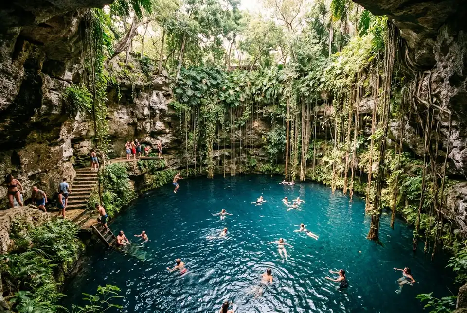 Wide shot of a shaded cenote pool near Chichen Itza with swimmers cooling off, framed by limestone rock and hanging vines