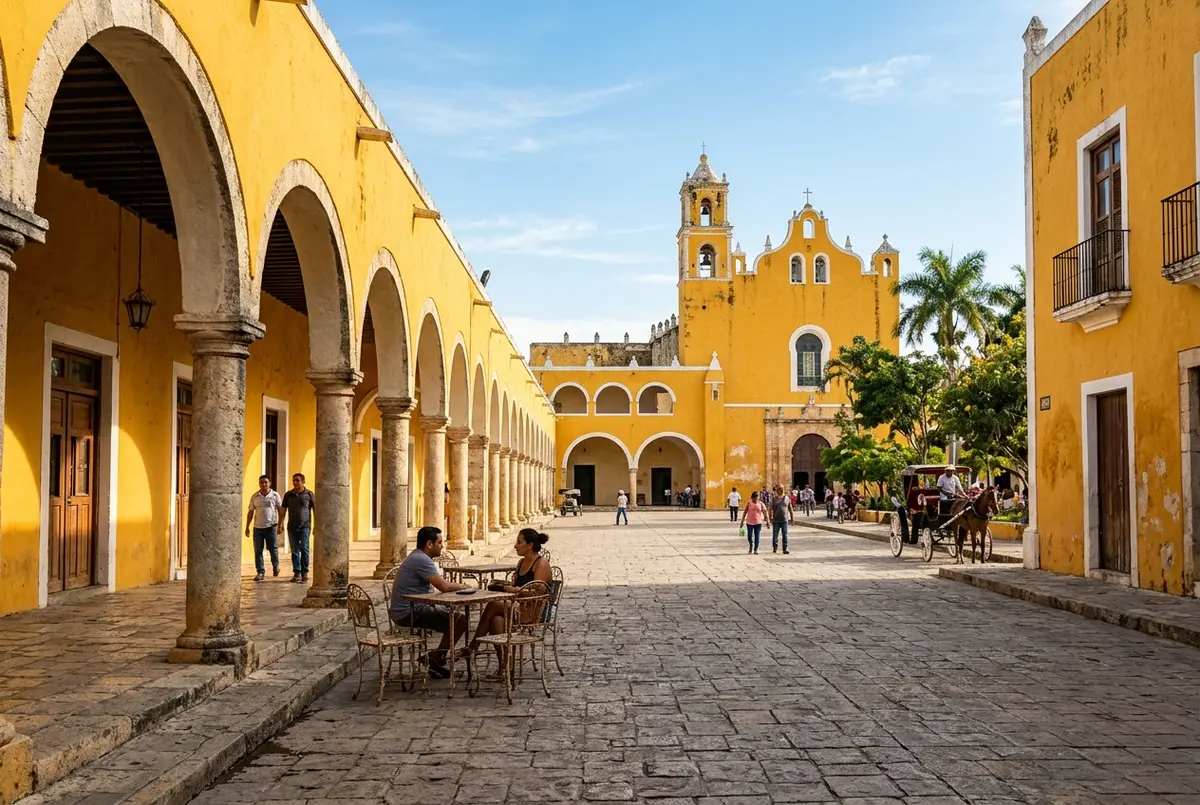 Bright ochre yellow colonial buildings and archways lining a sunlit plaza in Izamal, Mexico, with the Franciscan convent visible in the background