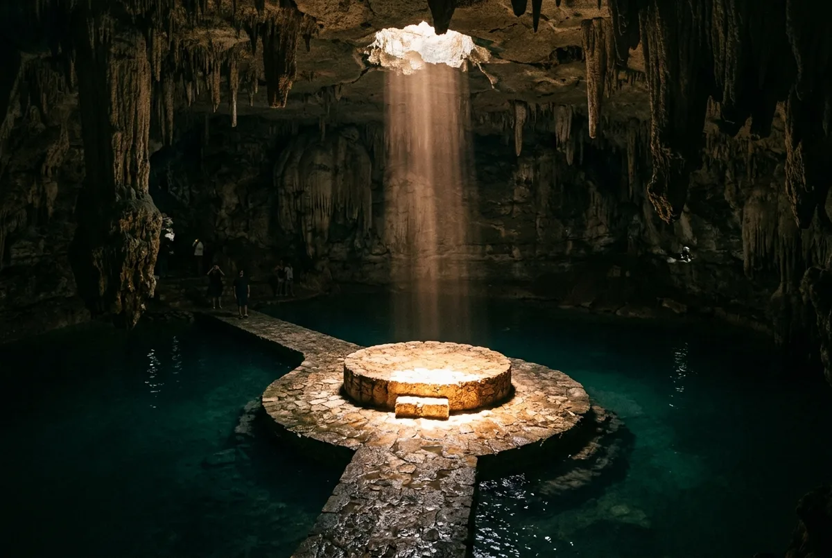 Narrow beam of sunlight falling through a small ceiling opening onto a stone platform surrounded by dark turquoise water inside Suytun cenote near Valladolid