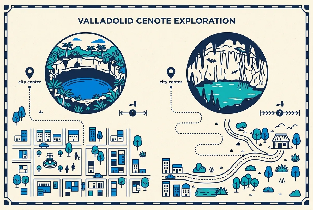 Simple side by side graphic comparing a town center cenote icon for Zaci against a cave cenote icon for X'Keken, labeled by distance from central Valladolid
