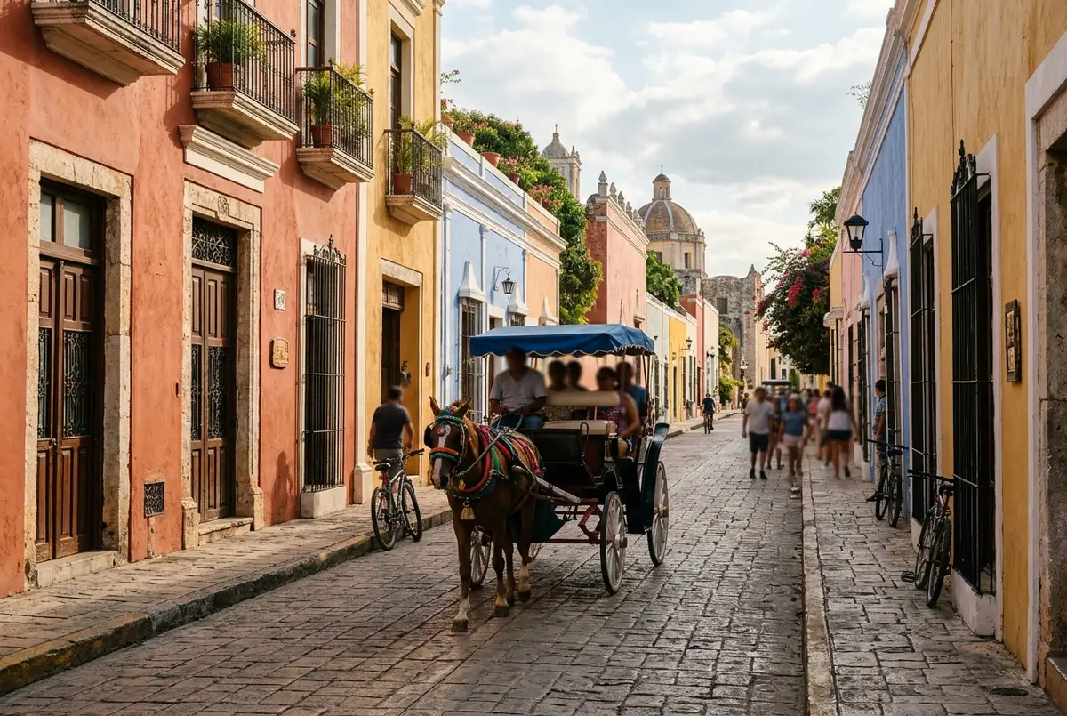 Colorful colonial street in Valladolid, Yucatan with pastel buildings and a horse-drawn carriage, representing a town stop near chichen itza