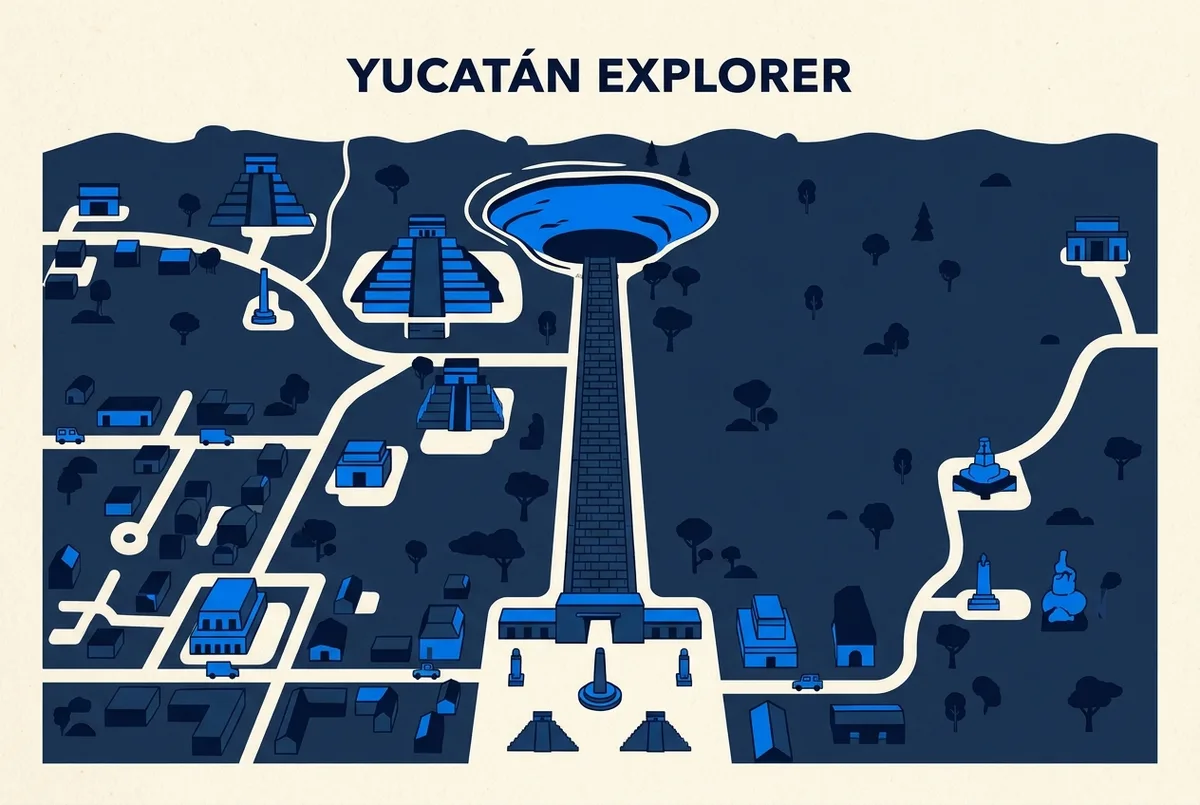 Overhead-style illustration showing the stone causeway running from the main plaza north to the Sacred Cenote sinkhole at Chichen Itza, labeled as a map concept