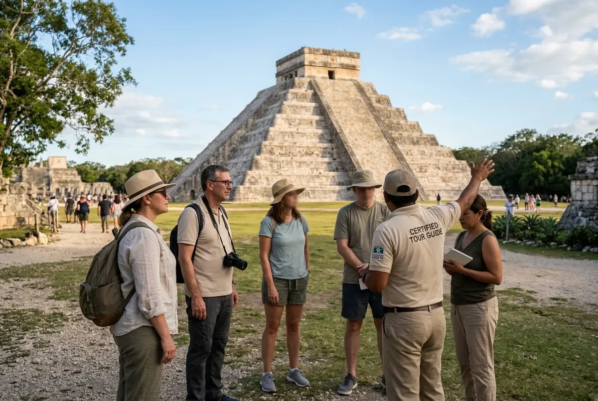 Certified tour guide gesturing toward El Castillo pyramid while explaining Maya history to a small group of travelers at Chichen Itza