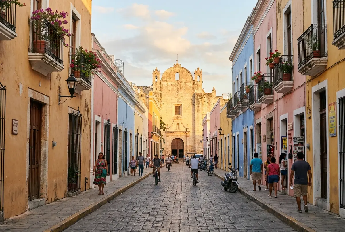 Pastel-colored colonial buildings lining a cobblestone street in Valladolid, Yucatan with the Convent of San Bernardino visible in the background at golden hour