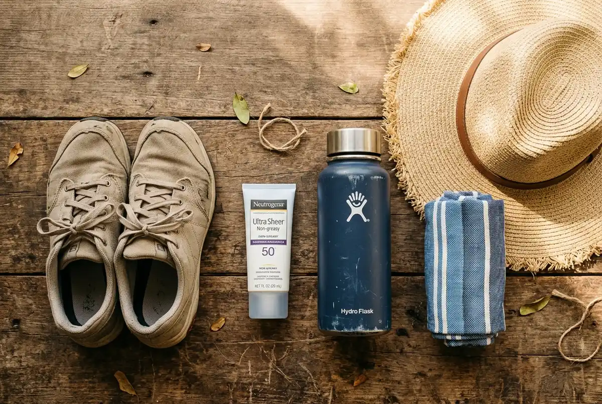 Flat lay of travel essentials for chichen itza including closed walking shoes, a wide-brim hat, sunscreen, a reusable water bottle and a quick-dry towel on a wooden surface