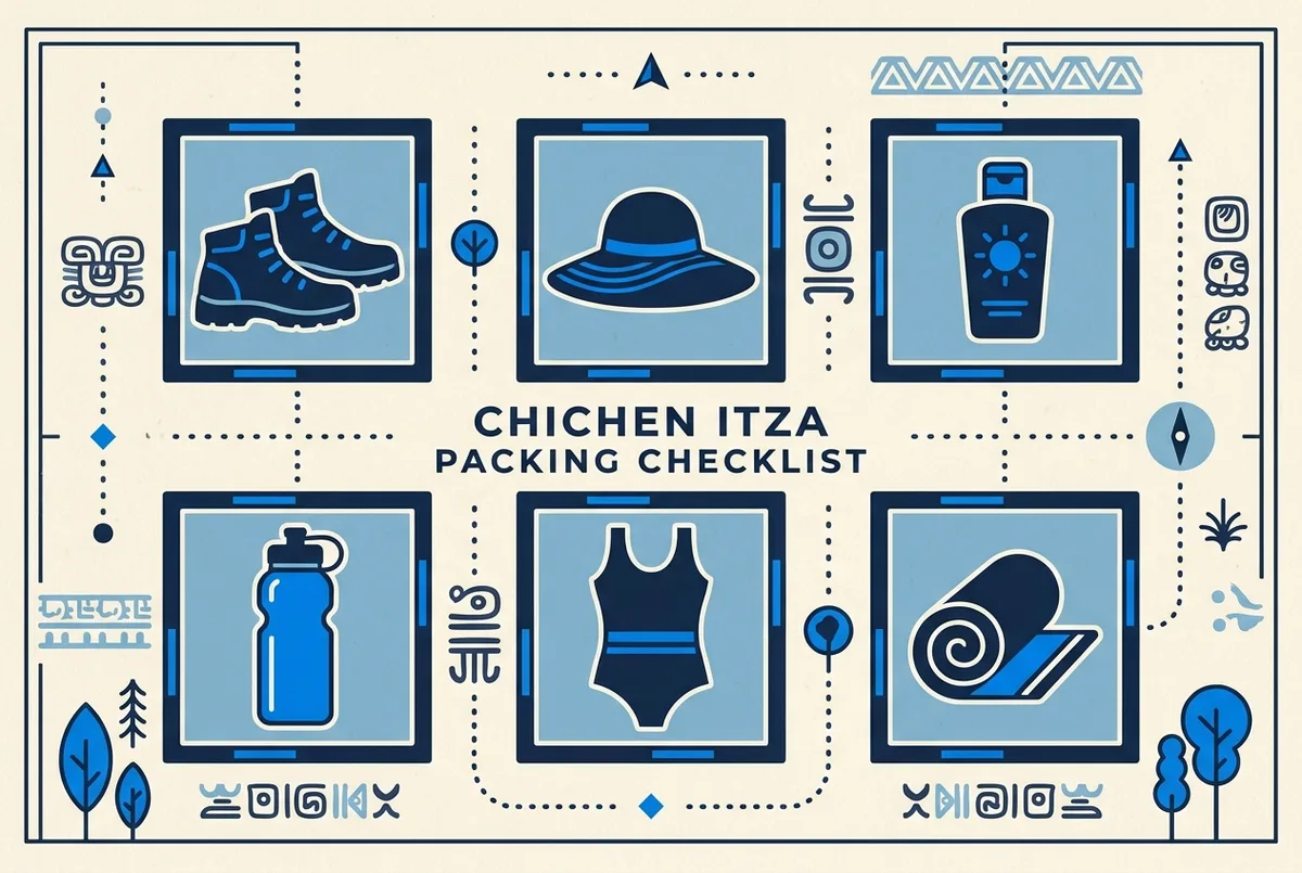 Simple infographic showing a packing checklist for chichen itza with icons for shoes, a hat, sunscreen, a water bottle, a swimsuit and a towel arranged in a simple grid