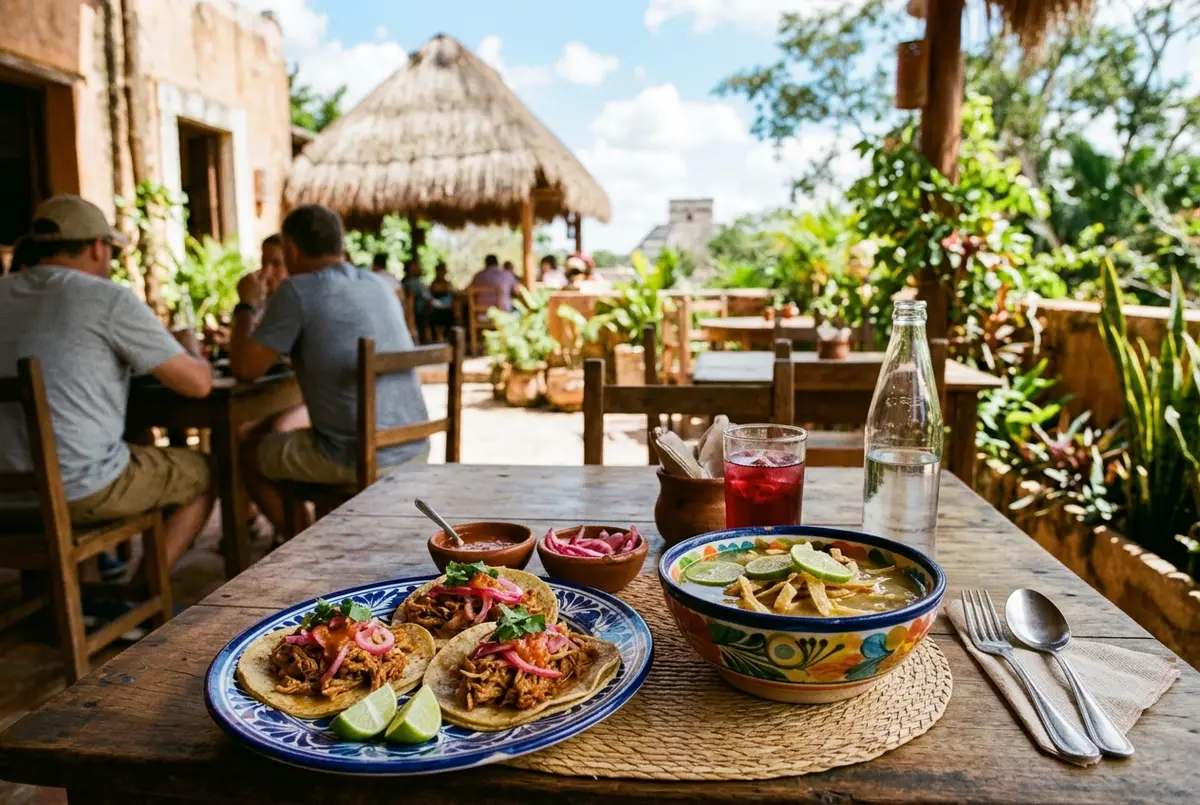 Open air Yucatecan restaurant terrace near Chichen Itza with cochinita pibil tacos and lime soup on a wooden table in warm midday light