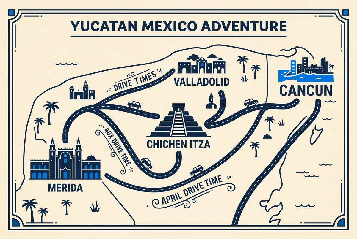 Simple map graphic showing Cancun, Valladolid and Merida at different distances from Chichen Itza with drive time labels for each route